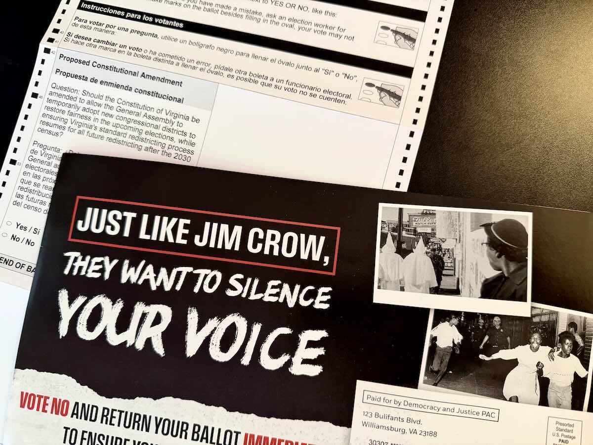 A political mailer from Democracy and Justice PAC featuring the text Just Like Jim Crow They Want to Silence Your Voice alongside historical civil rights-era photographs placed next to a Virginia special election ballot